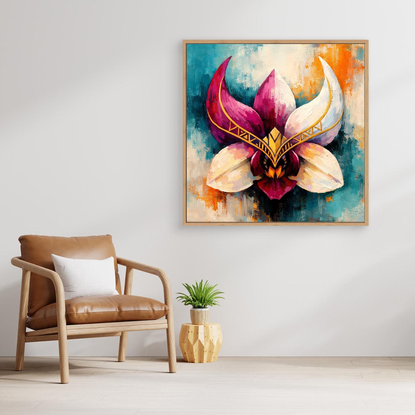 Premium Leinwand Mystische Orchideen-Maske in Gold | Abstraktes Florales Wandbild im Fantasy-Stil