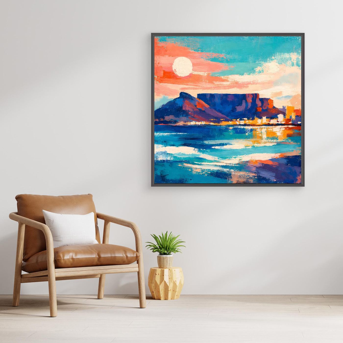 Abstraktes Leinwandbild mit Meerwellen und Skyline, Holzrahmen