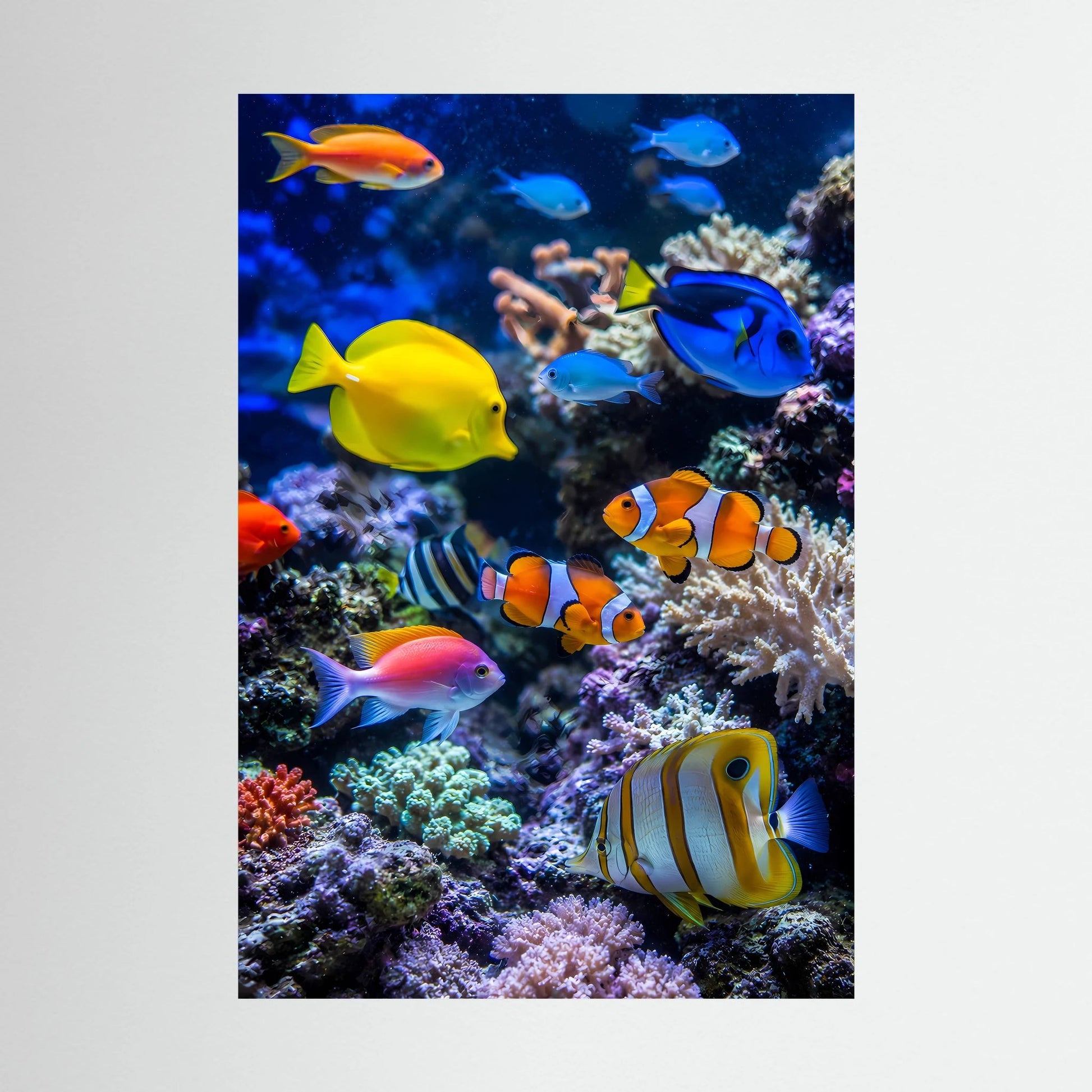 Hochformat-Poster mit bunten Tropenfischen und Korallenriff, ohne Rahmen