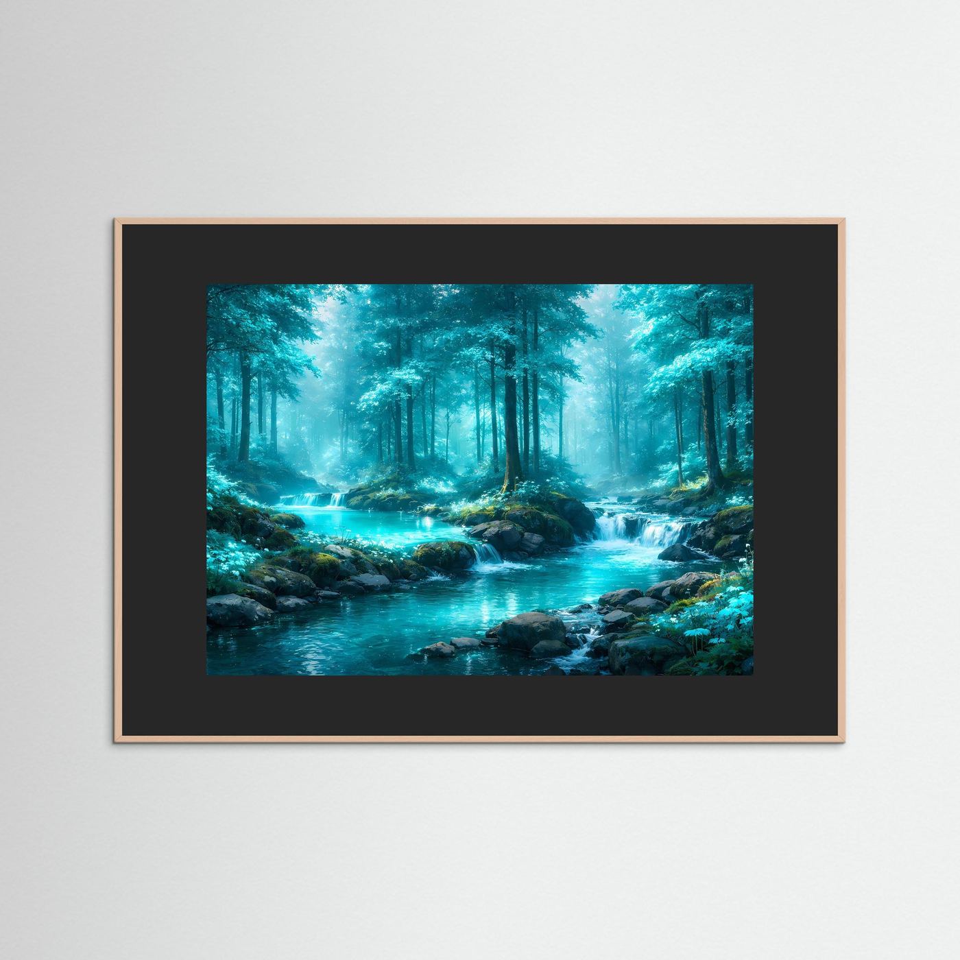 Wandbild mit schwarz-grauem Holzrahmen, türkis-blauer Flusslandschaft im Wald