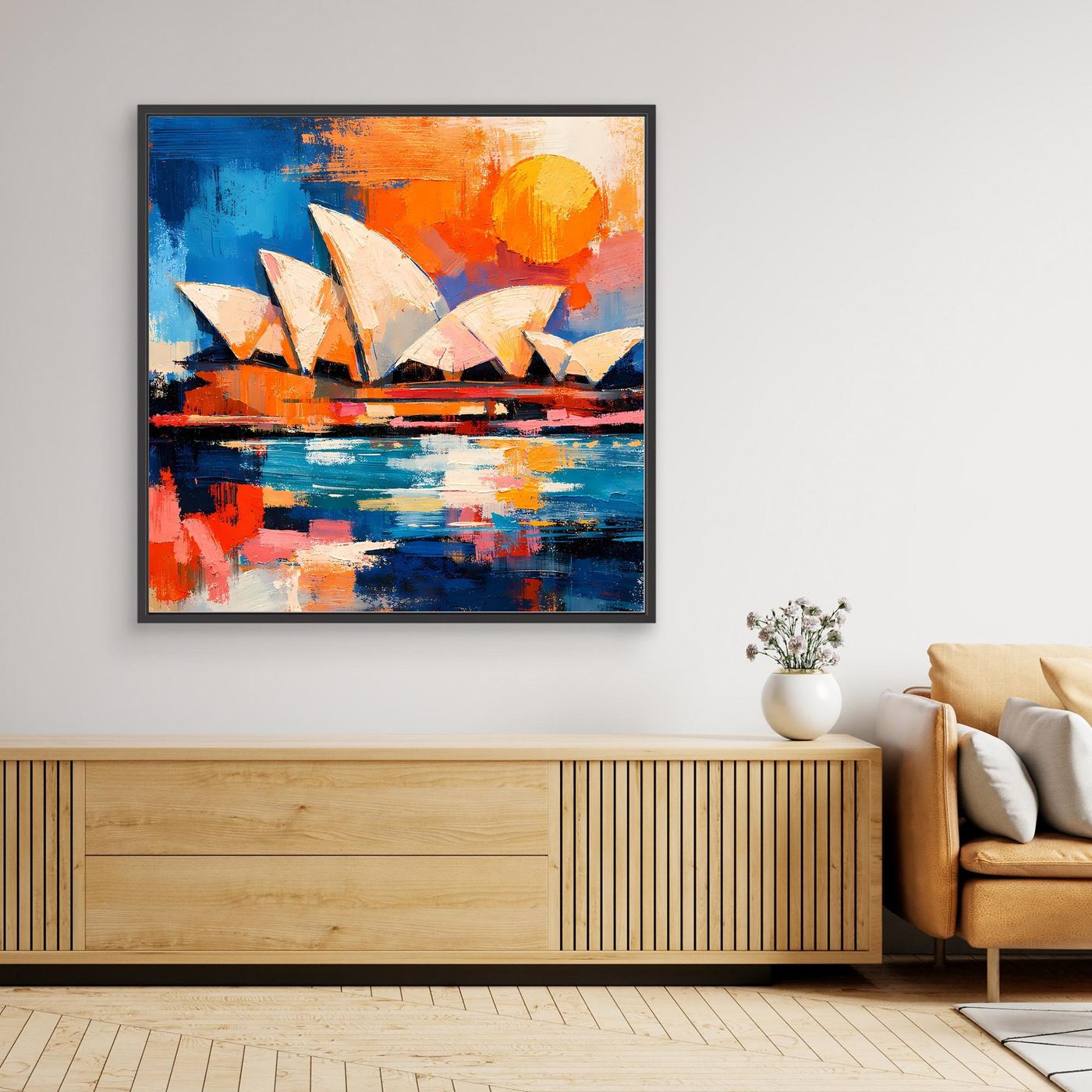 Black-framed square wall print with sail-like shapes, blue water, and orange circle