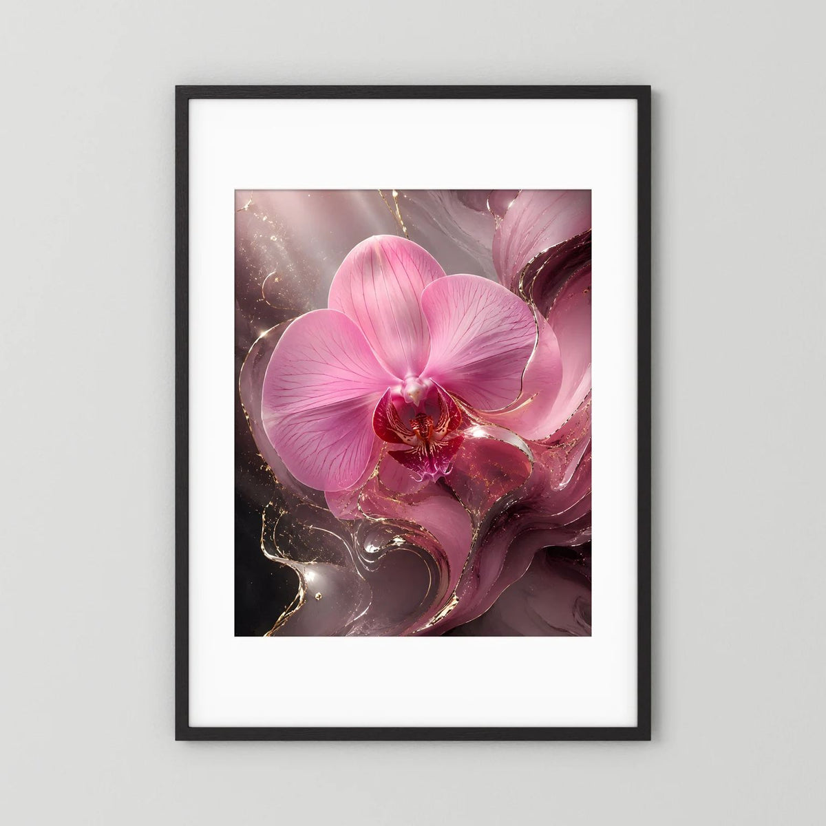 Orchideenposter mit rosa Orchideenblüte und goldenen Akzenten im schwarzen Rahmen, mit weißem Rand