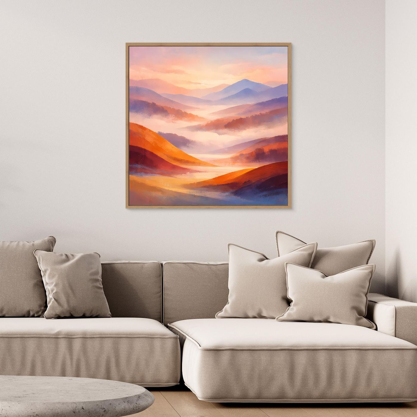 Leinwandbild Berglandschaft im Pastell, goldener Rahmen