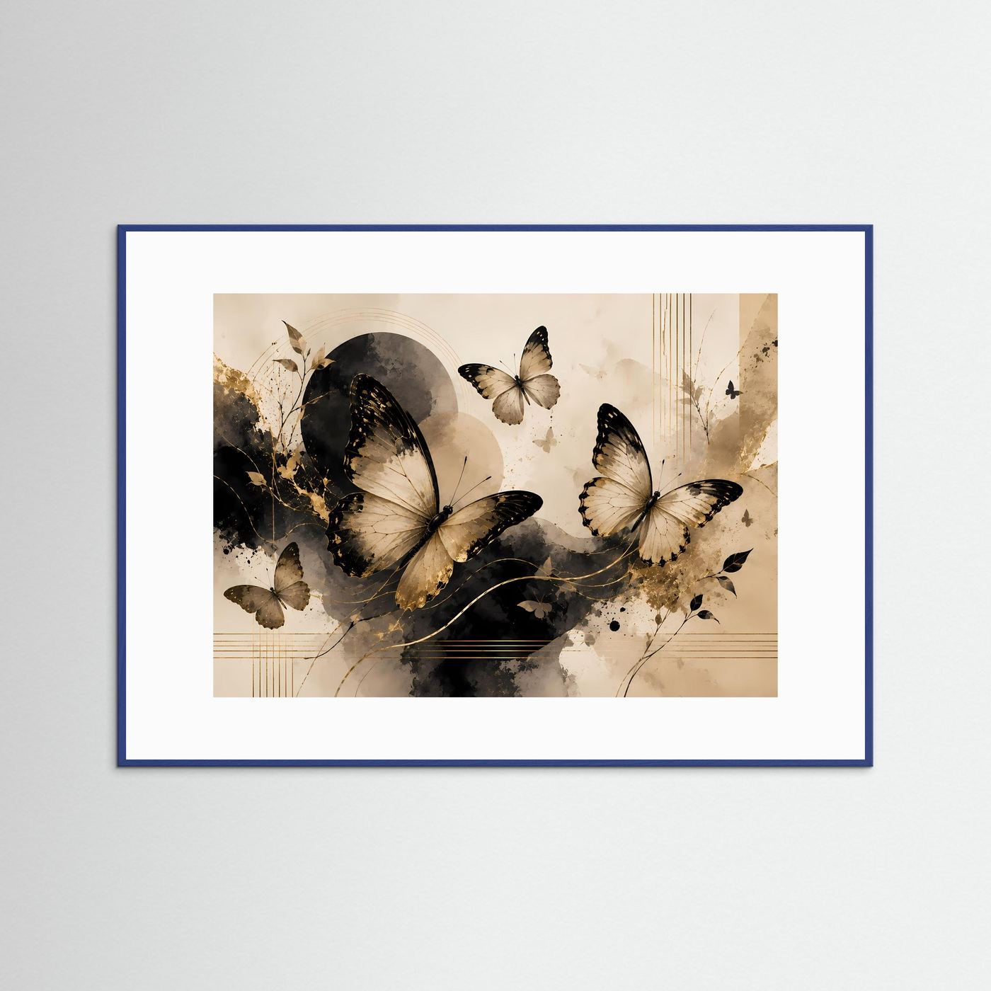 Querformat-Poster mit abstrakten Schmetterlingen in Schwarz, Beige und Gold; blauer Rahmen