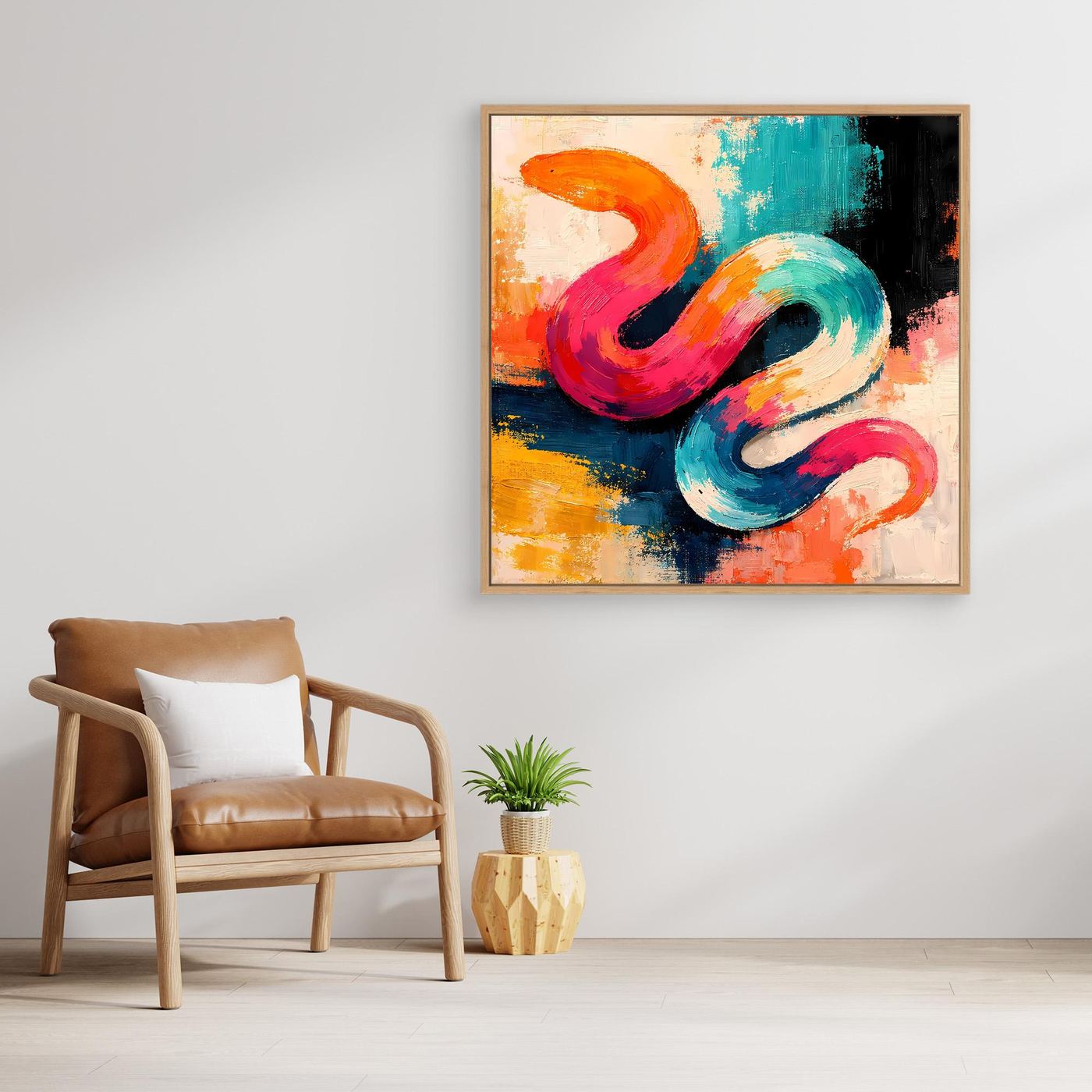 Leinwand-Wandbild mit abstrakter Schlange im Pop-Art-Stil, goldfarbener Rahmen