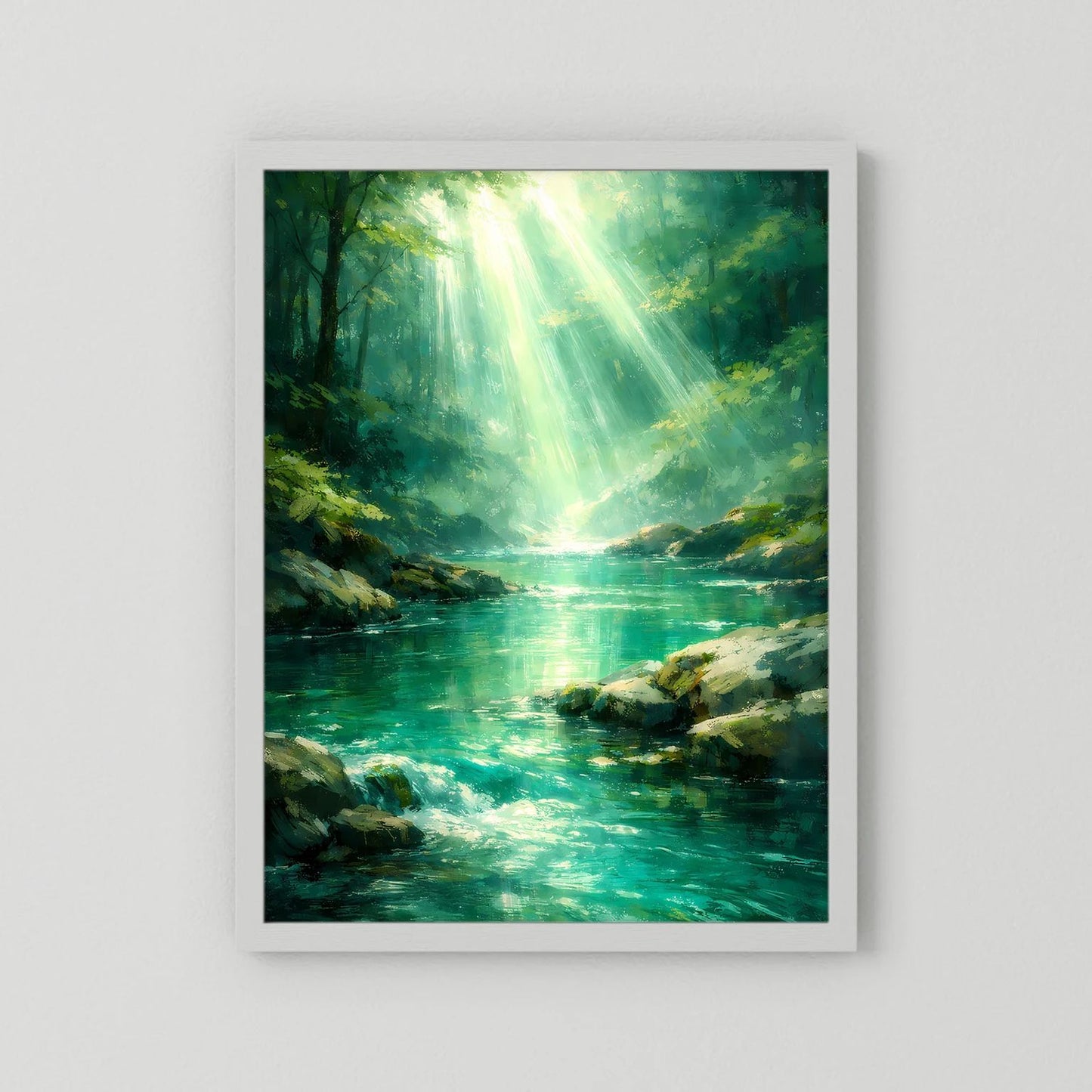 Wandbild Hochformat mit grünem Fluss im Wald und Lichtstrahlen, weißer Rahmen