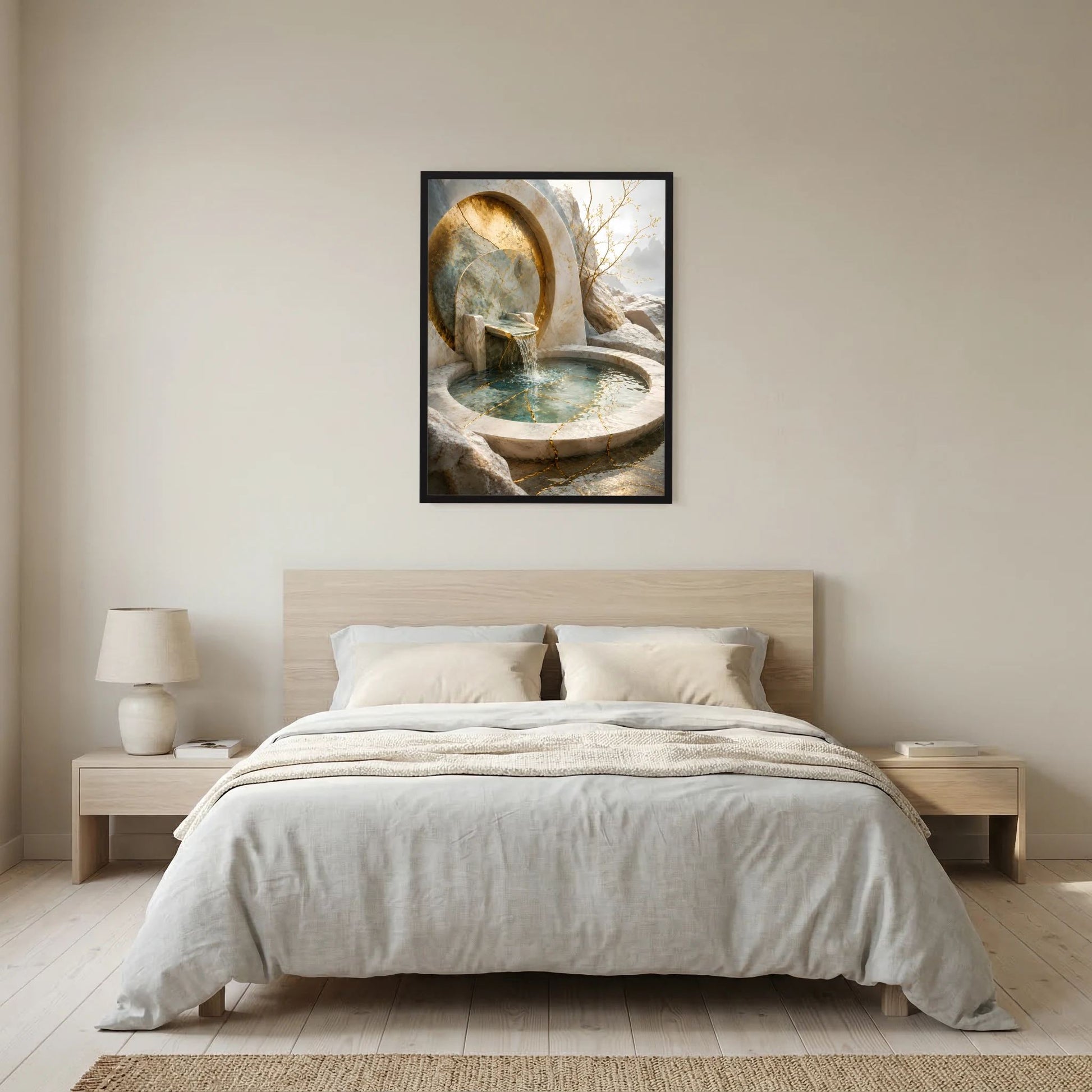 Hochformat-Poster: goldener Brunnenbogen, runde Steinquelle mit türkisfarbenem Wasser