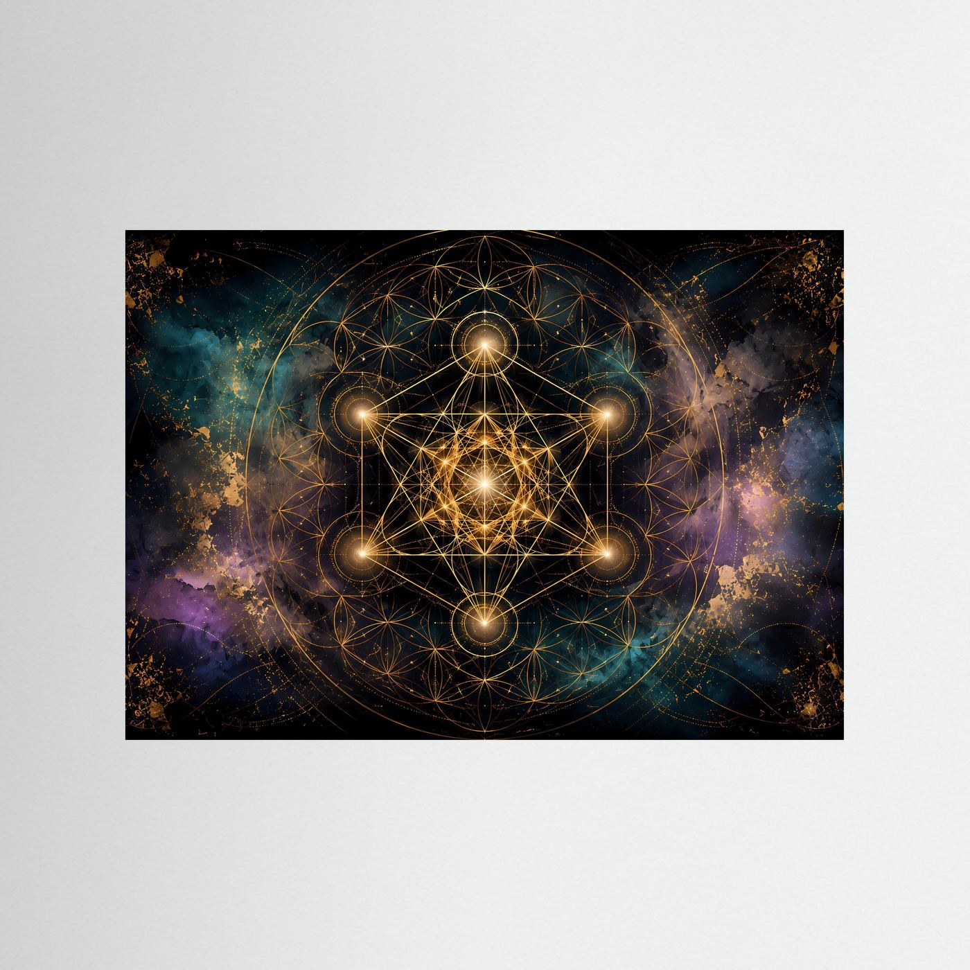 Heilige Geometrie Poster | Goldene Sacred Geometry mit Metatrons Würfel | Spirituelle Wandkunst | Kosmisches Mandala | Premium Leinwand & Wall Art