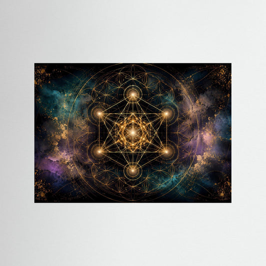 Poster mit goldener Metatron-Würfel-Grafik und kosmischen Linien, schwarzer Holzrahmen