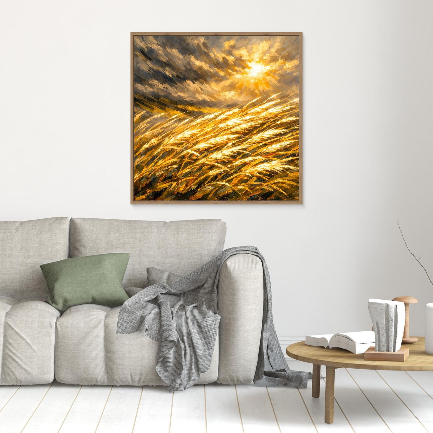 Leinwandbild mit goldenem Weizenfeld und Sonnenuntergang, brauner Holzrahmen