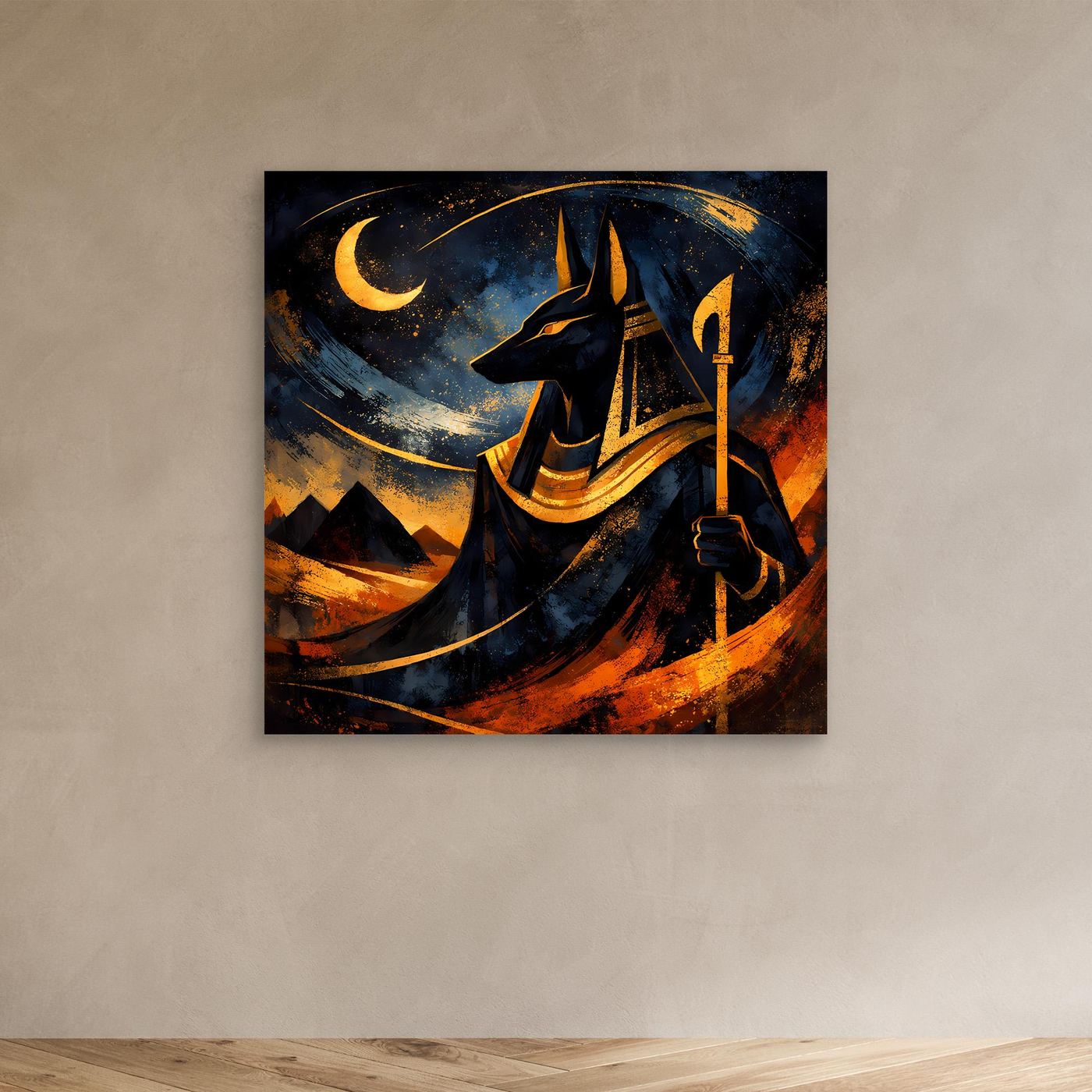 Leinwandbild mit Anubis, Mondsichel und Fackel im abstrakten Nachtmotiv