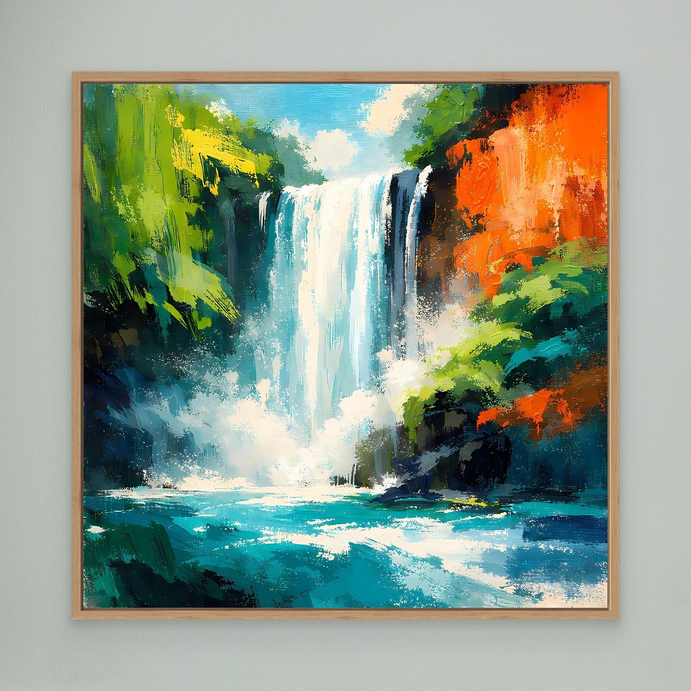 Leinwandbild mit tropischem Wasserfall im Dschungel, Holzrahmen in Eiche