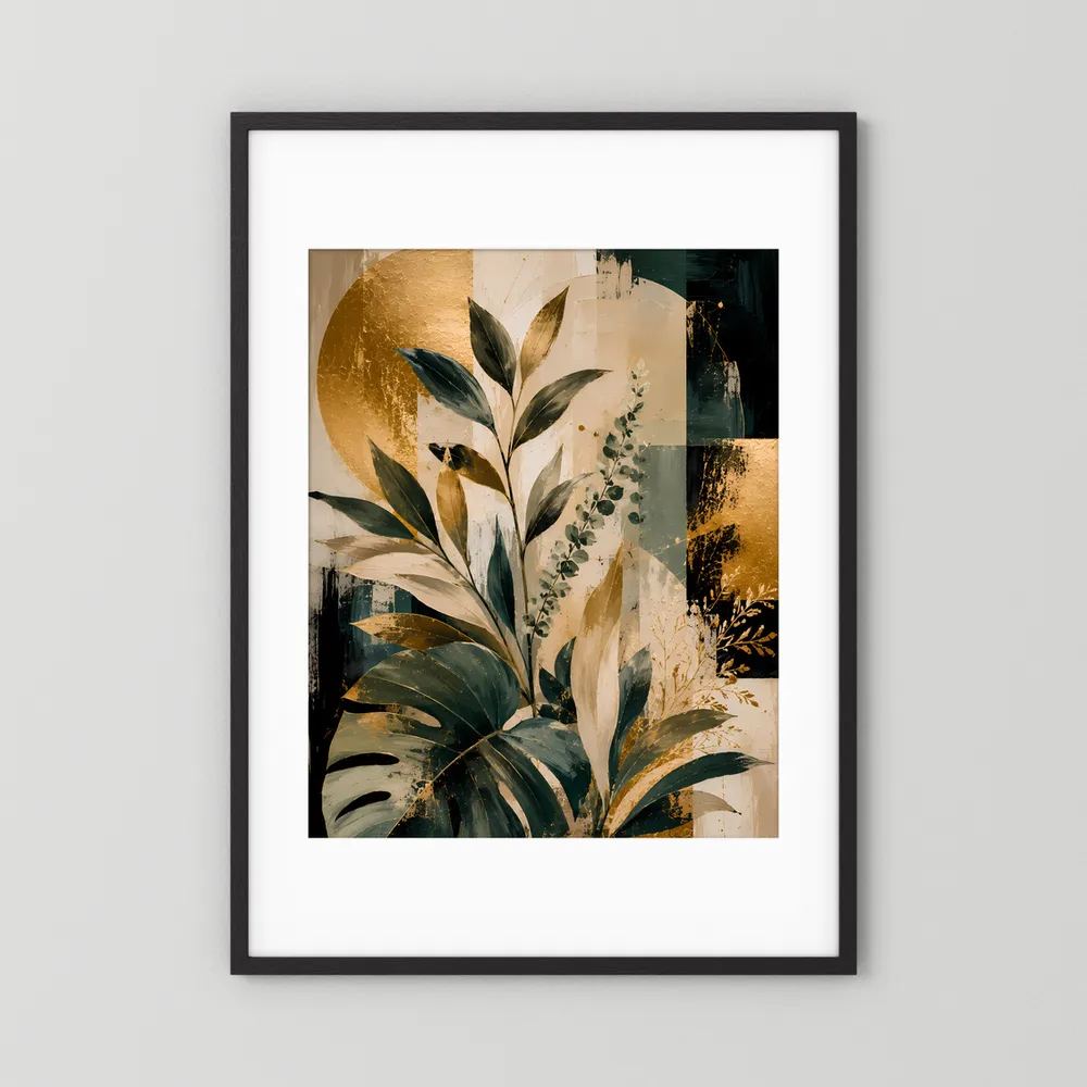 Kunstposter mit abstrakten Blättern in Gold- und Grüntönen, schwarzer Rahmen mit weißem Rand