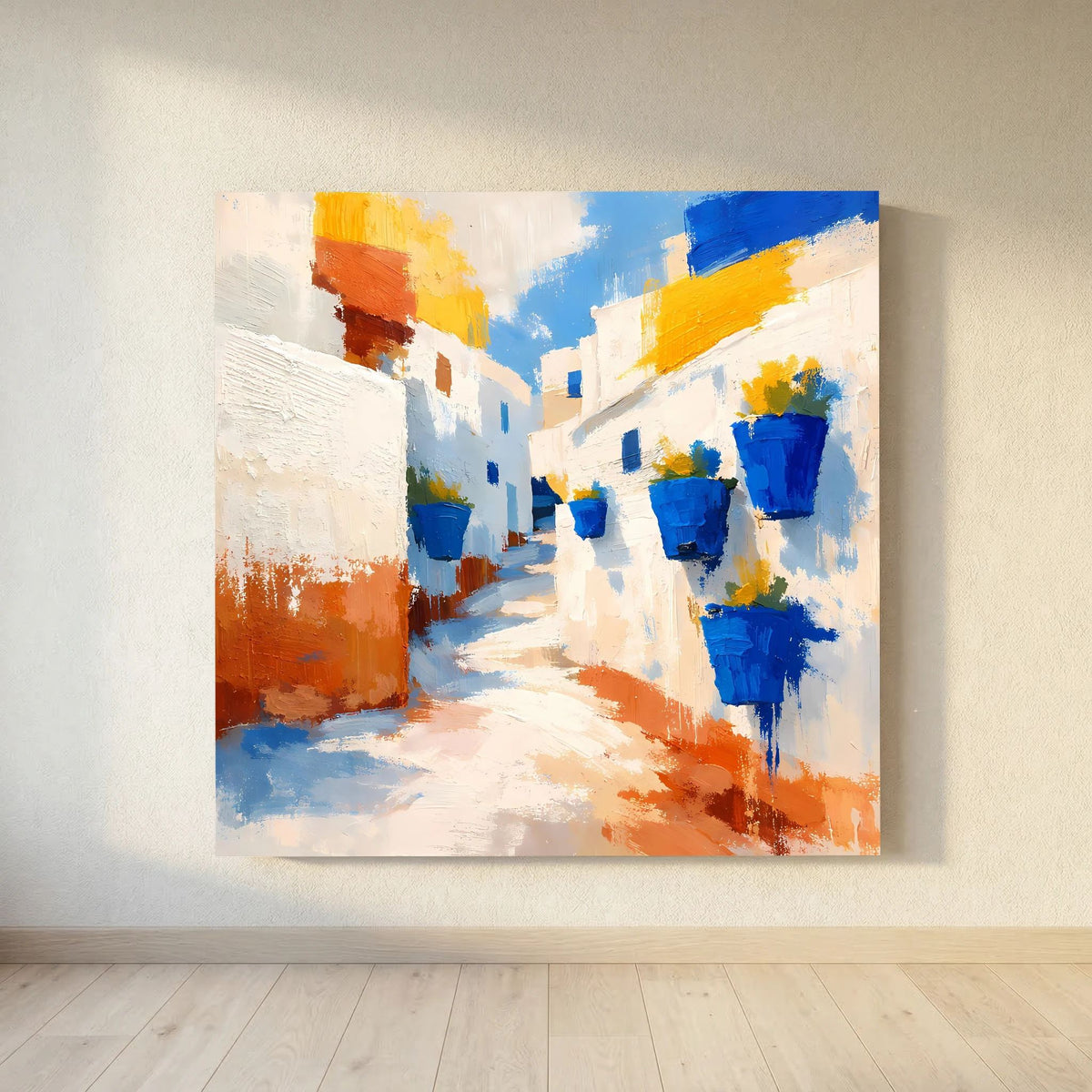 Leinwand-Wandbild: abstrakte weiß-blaue Gasse mit orangefarbenen Fassaden und Töpfen