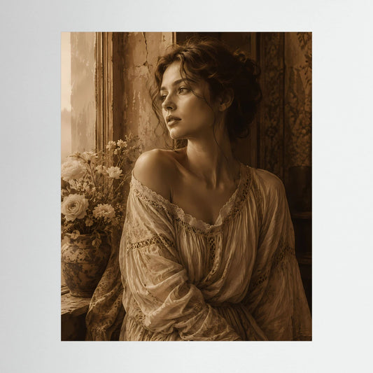Vintage-Poster: Frau im Sepia-Stil am Fenster mit Blumenstrauß, hochkant