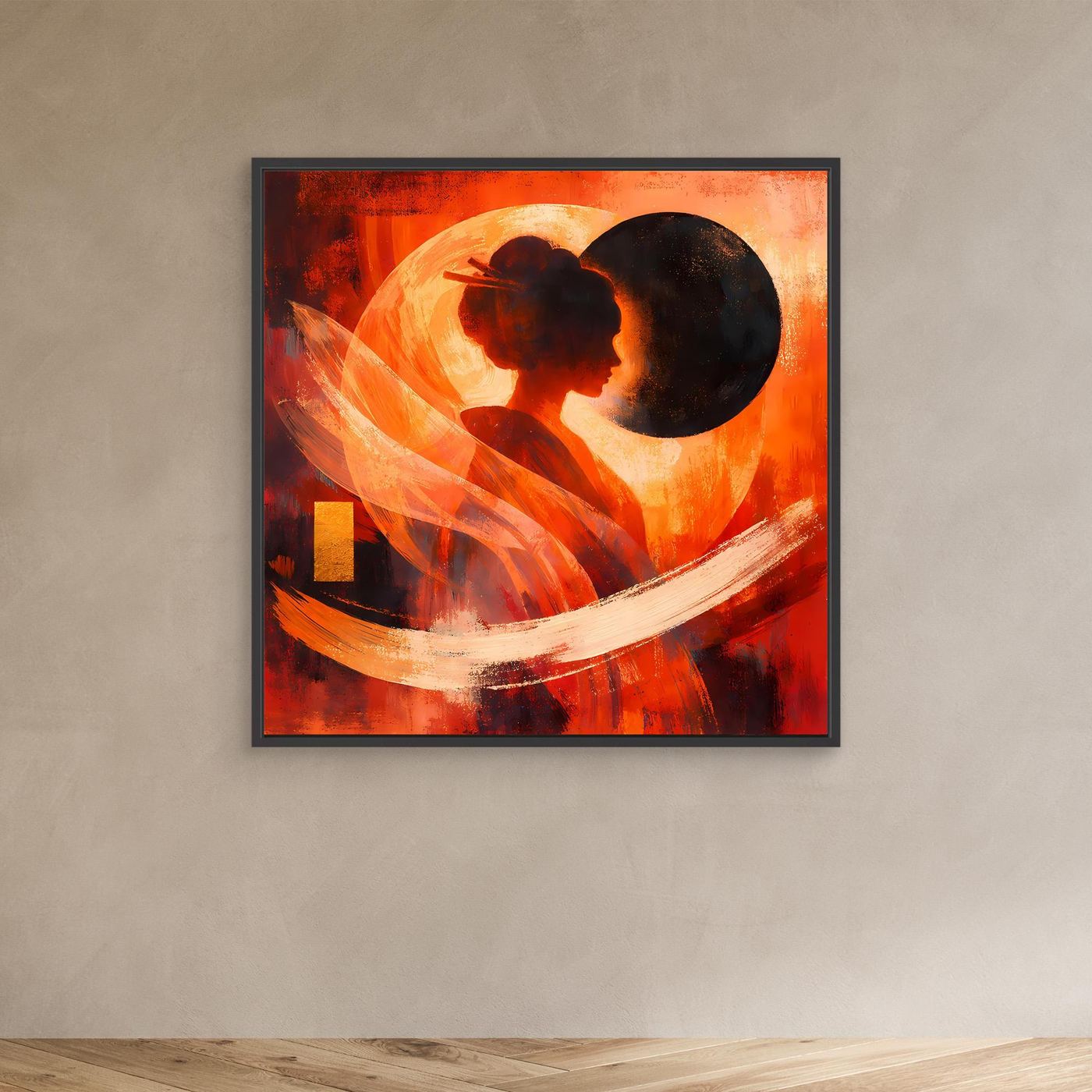 Leinwandbild mit Geisha-Silhouette und Kreisform, schwarzer Rahmen
