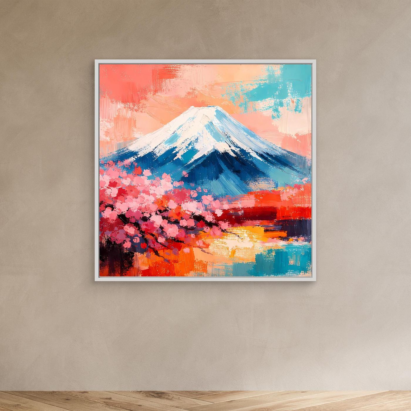Leinwandbild mit abstraktem Fuji und Kirschblüten, blau-weißer Berg, weißer Rahmen
