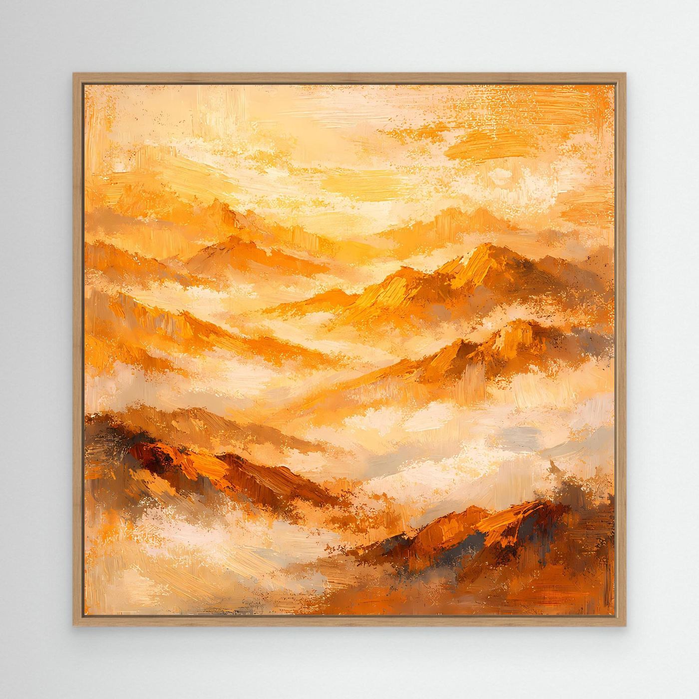 Leinwand-Wandbild mit abstrakten Bergen in Gold- und Orangetönen, Holzrahmen hellbraun