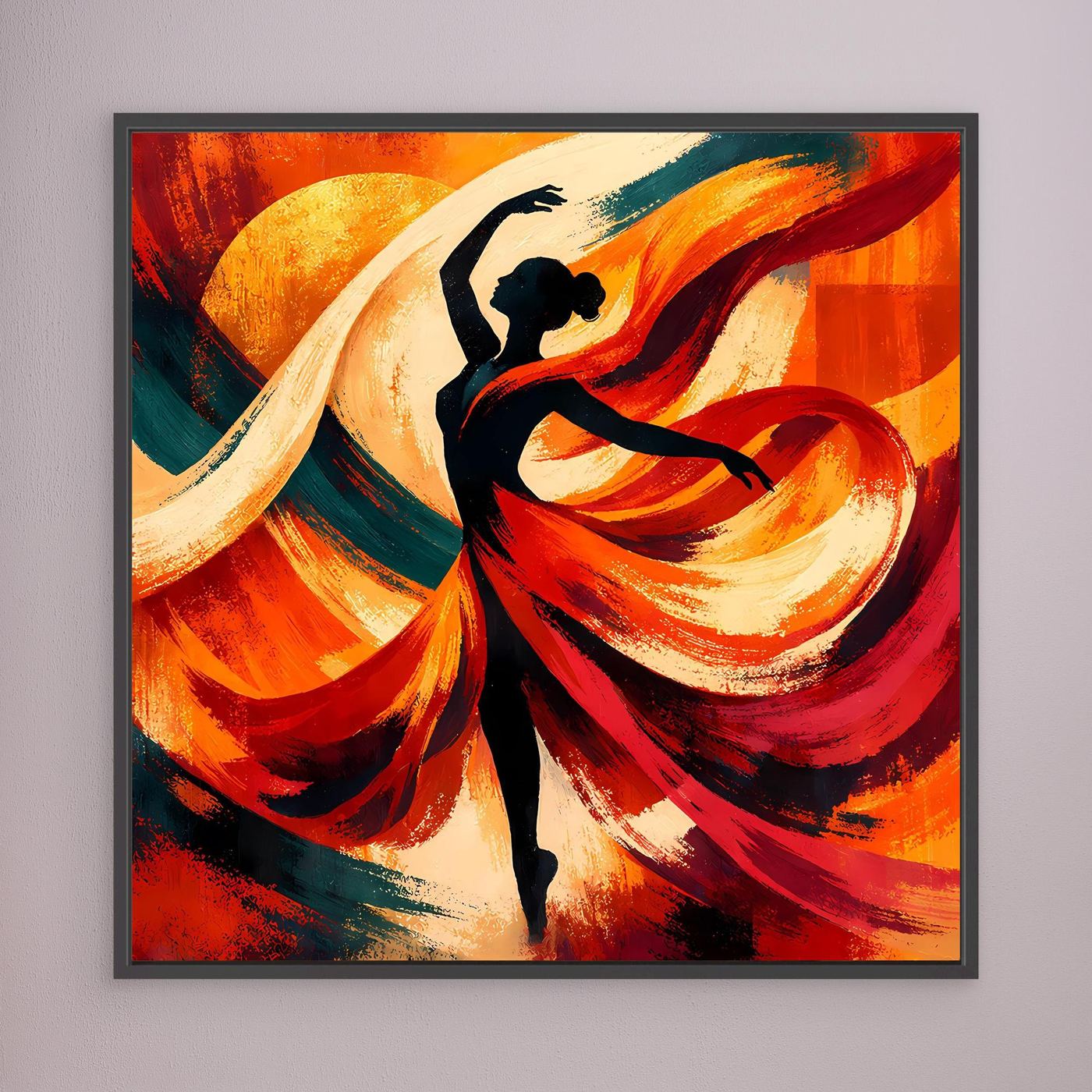 Leinwandbild mit abstrakter Tänzerin in Schwarz, intensive Rot- und Orangetöne, gelbliche Lichtfläche im Hintergrund.