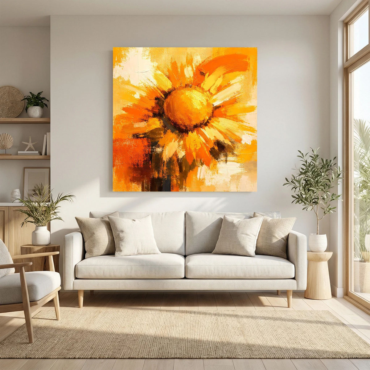 Leinwand Abstraktes Sonnenblumen Gemälde | Modernes Florales Wandbild Gelb Orange