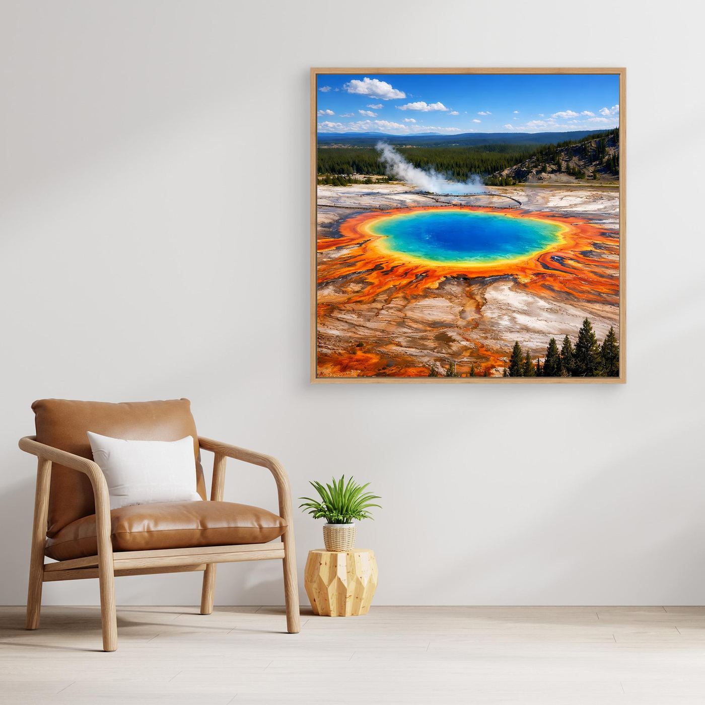 Leinwandbild mit Prismatic-Spring-Motiv im Holzrahmen über Sessel, blau-türkis Quelle