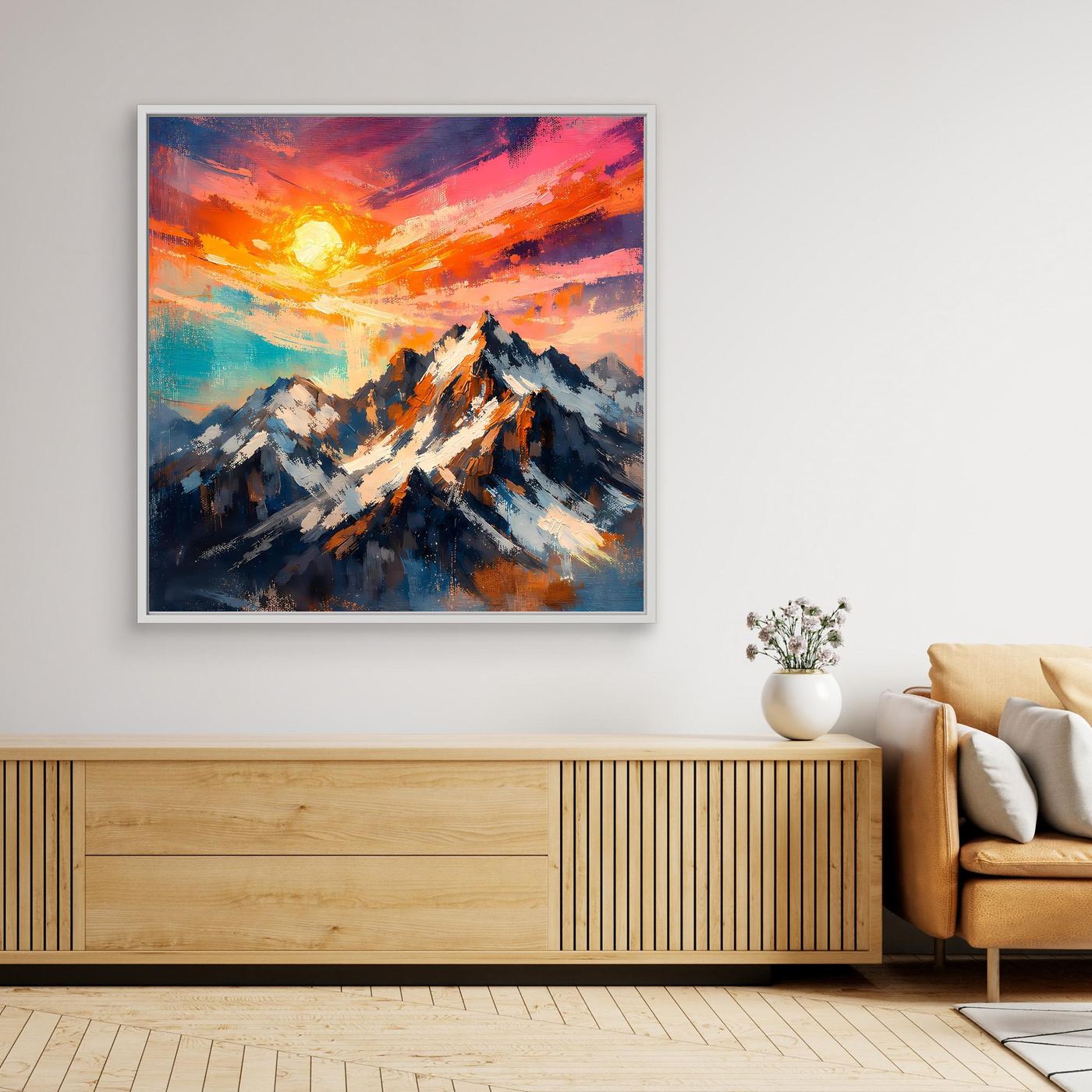 Leinwand Alpenglühen an verschneiten Berggipfeln | Abstraktes Gebirge Wandbild