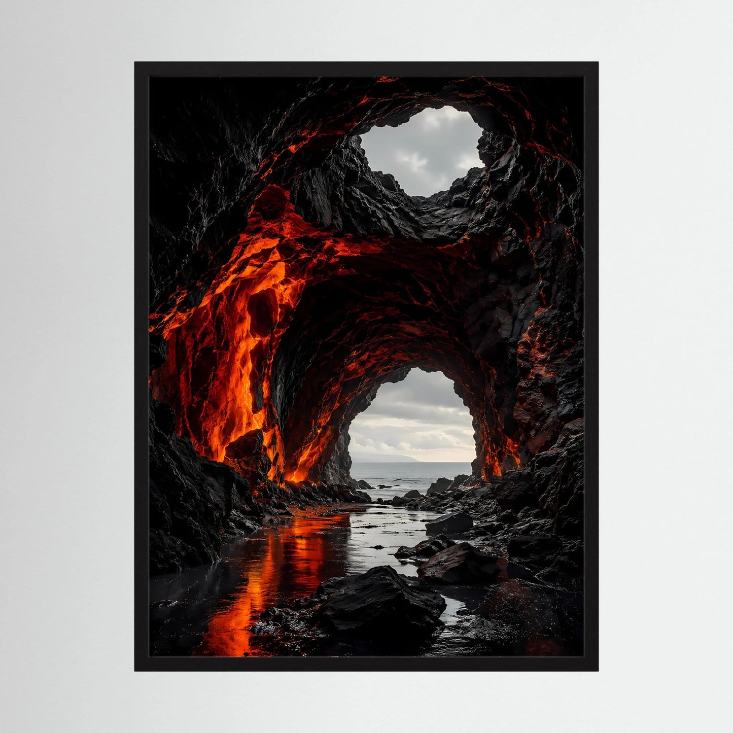Hochformat-Poster mit dunklen Felsbögen und glühender Lavahöhle, orange-rote Glut