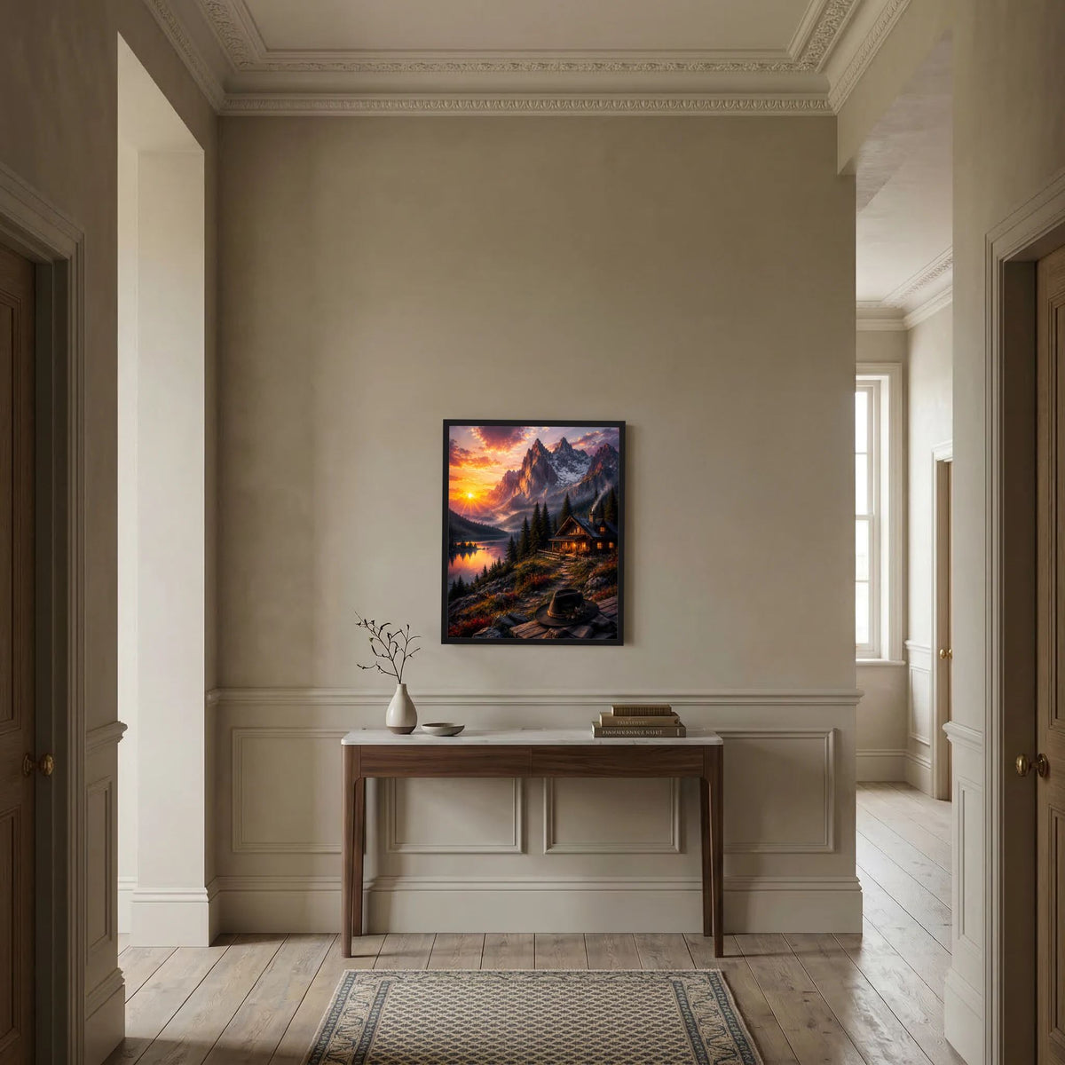 Hochformat-Poster im schwarzen Rahmen mit Bergsee, Sonnenuntergang und Berghütte