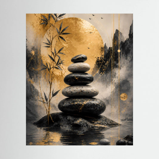 Hochformat-Poster mit Stapel dunkler Steine, Bambuszweigen und goldgrauer abstrakter Szene