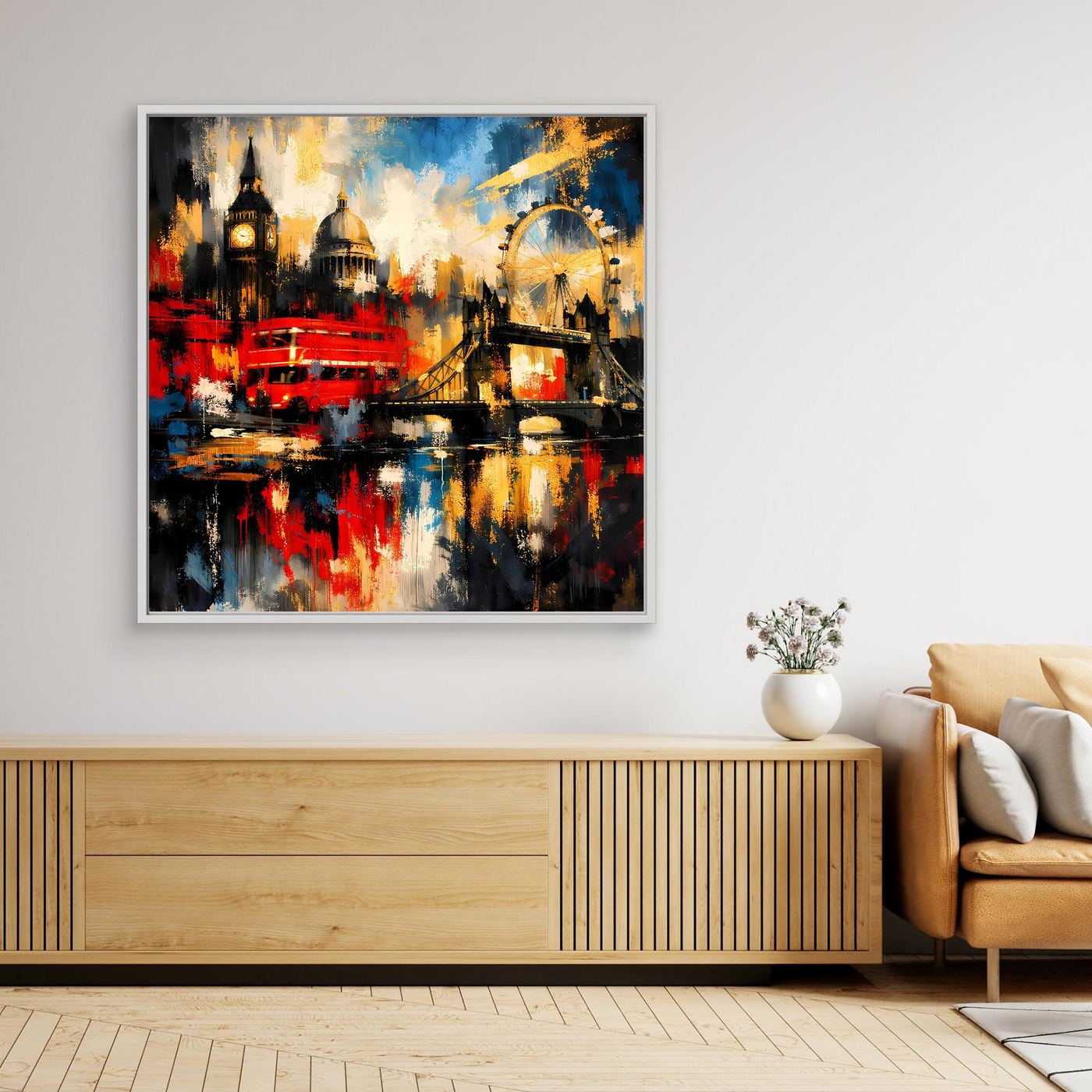 Leinwandbild mit abstrakter London-Skyline, buntes Farbspektrum, weiß gerahmt
