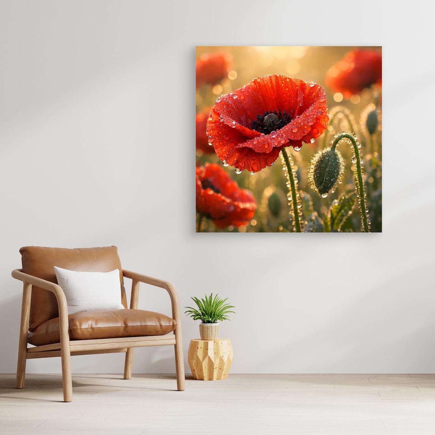 Quadratisches Leinwandbild mit rotem Klatschmohn und Morgentau auf Blumenstängeln