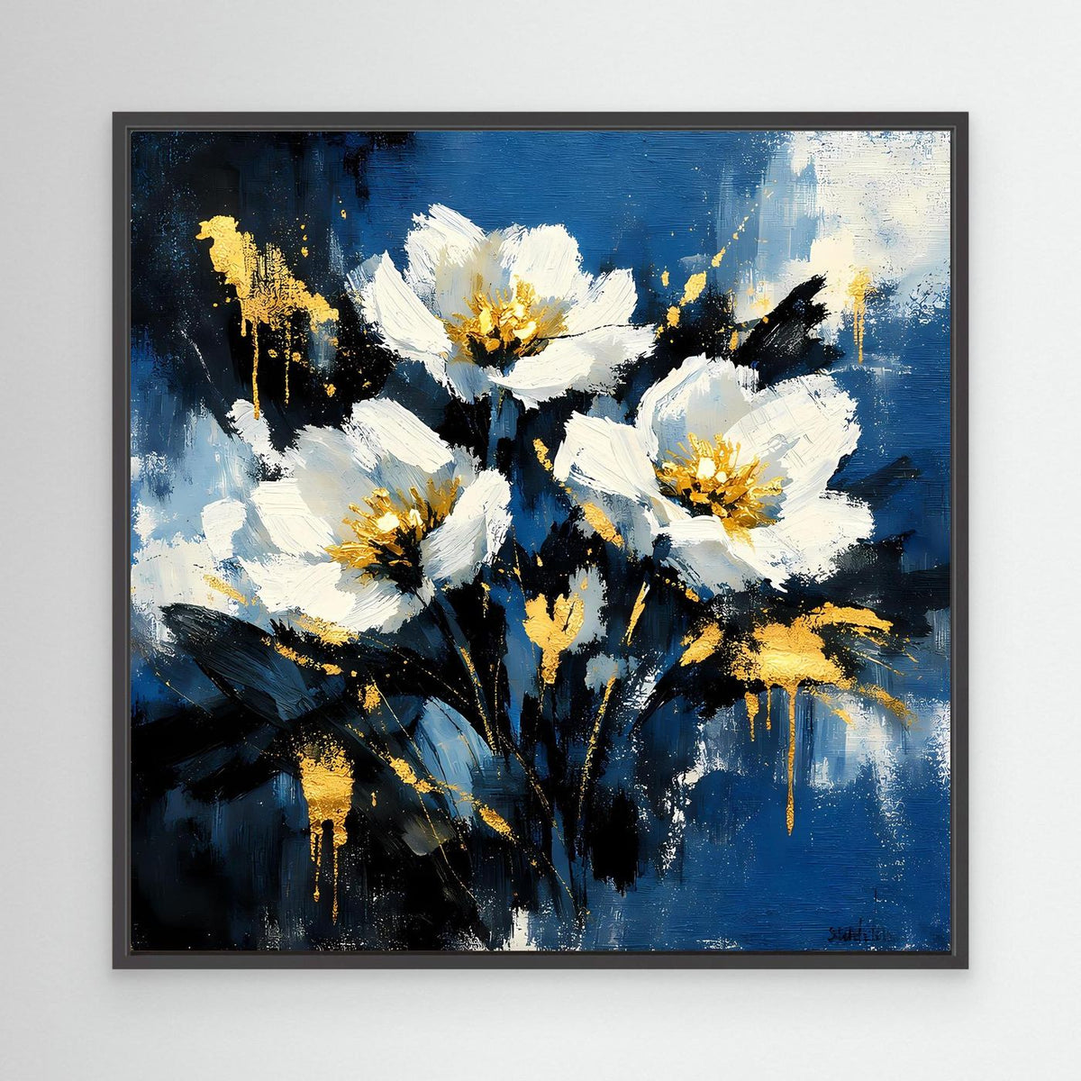 Blumen-Leinwand mit weißen und goldenen Blüten auf blauem Hintergrund, schwarzer Rahmen
