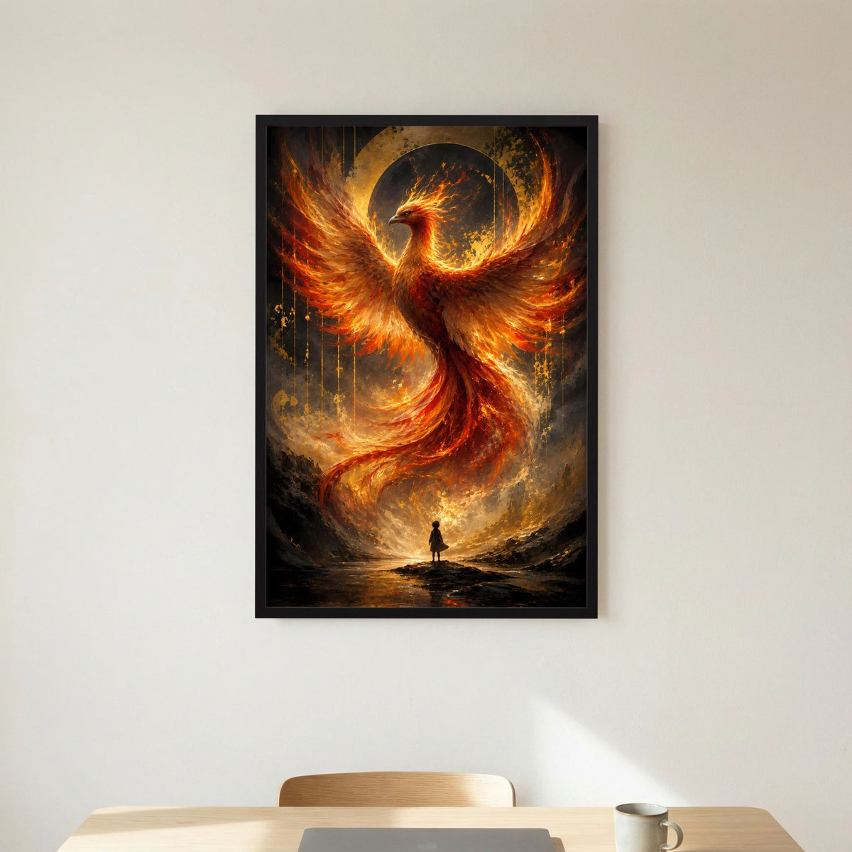 Hochformatiges Poster mit Phönix aus Feuer in Gold und Orange, schwarzer Rahmen