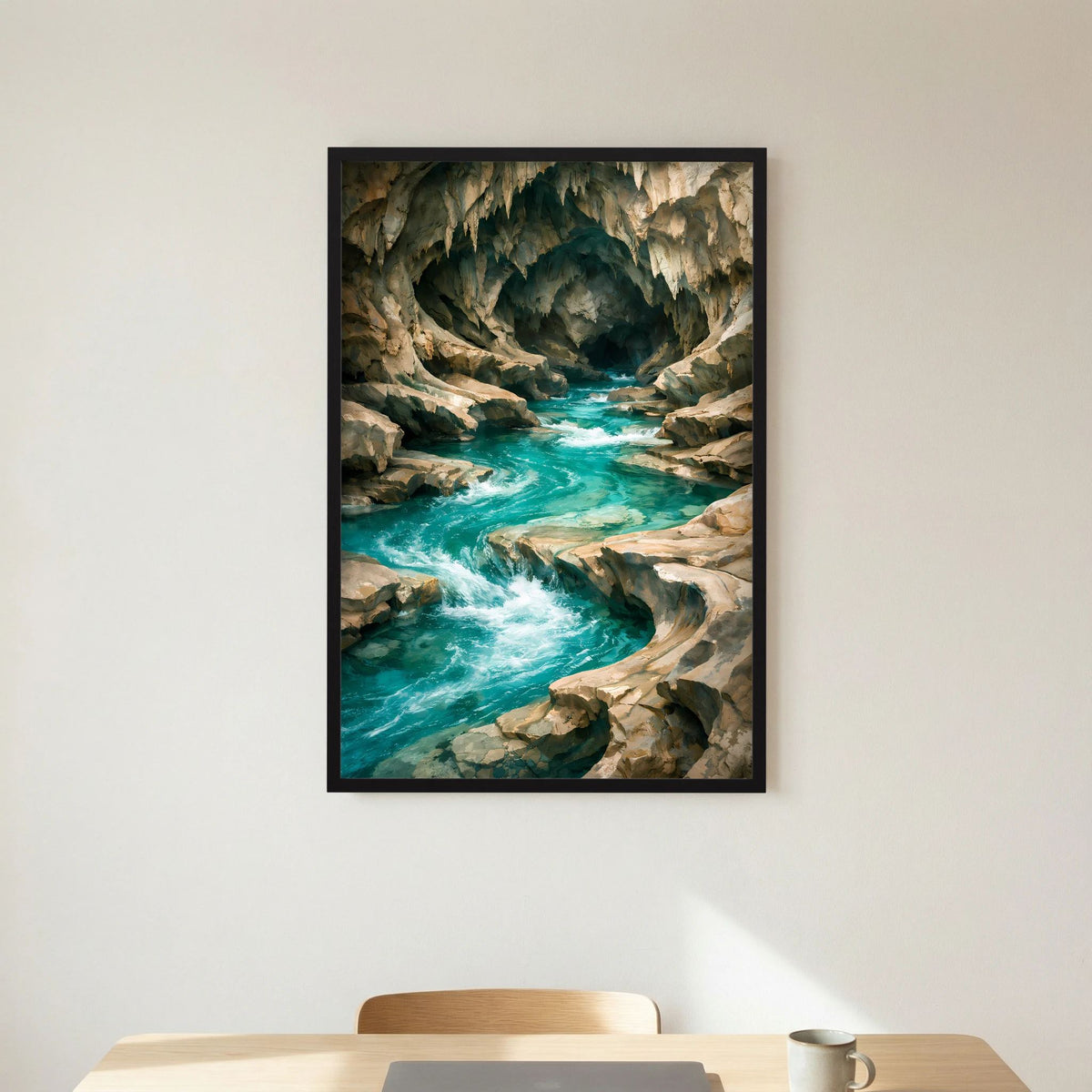 Kunstposter im Hochformat, schwarzer Rahmen: Felsenhöhle mit türkisfarbenem Fluss