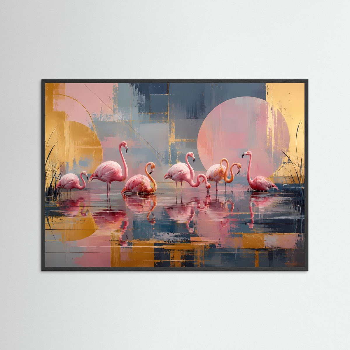 Wandposter mit Flamingos auf abstraktem See im schwarzen Rahmen, Pastell und goldfarbene Akzente