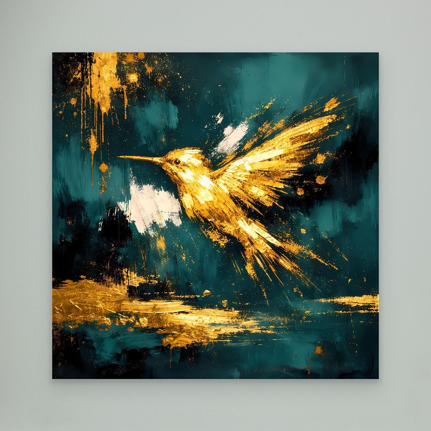 Leinwand Goldener Kolibri im Flug | Abstraktes Modernes Vogel Wandbild Kunst