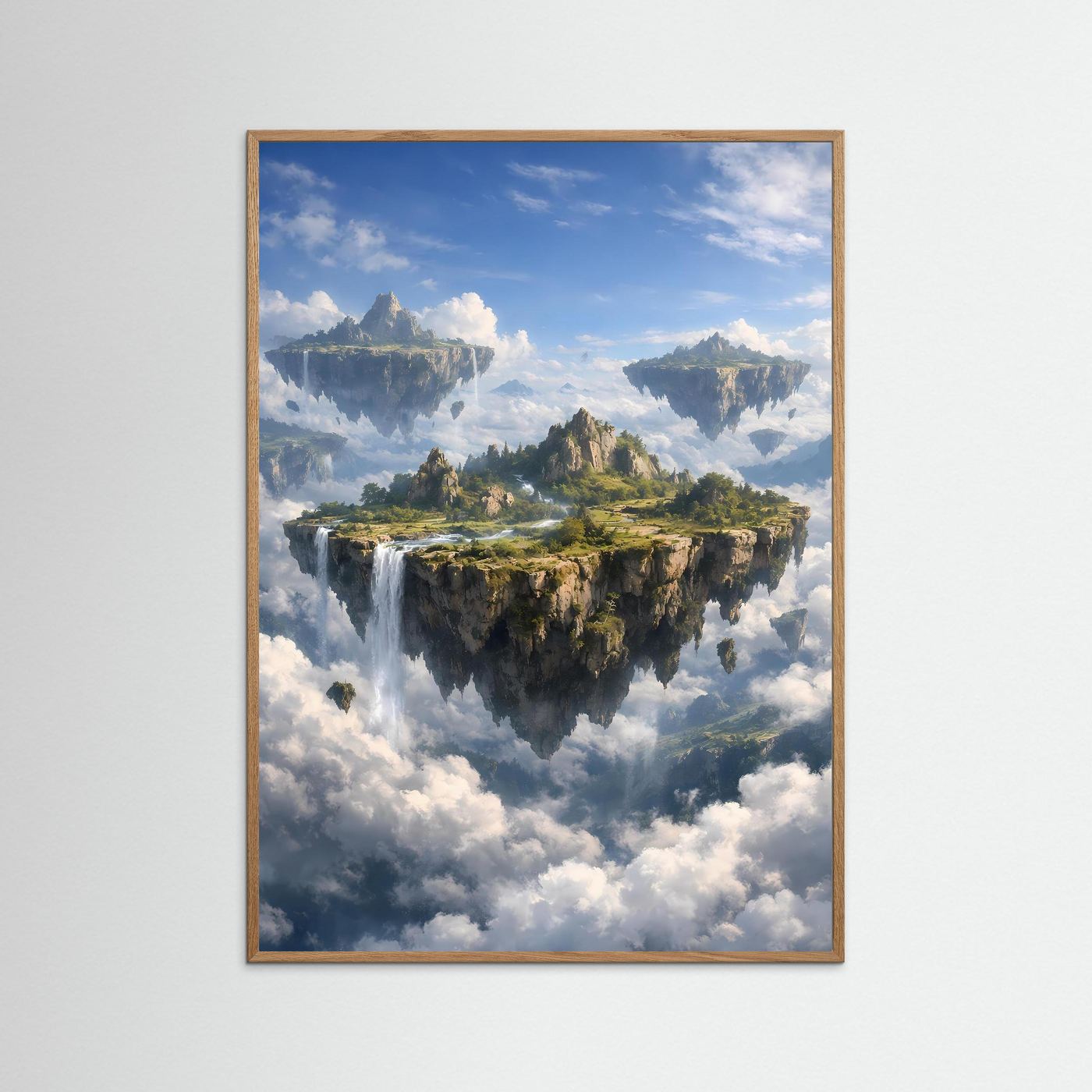Hochformatiges Fantasy-Poster mit Wasserfall und schwebender Insel, im naturfarbenen Holzrahmen.