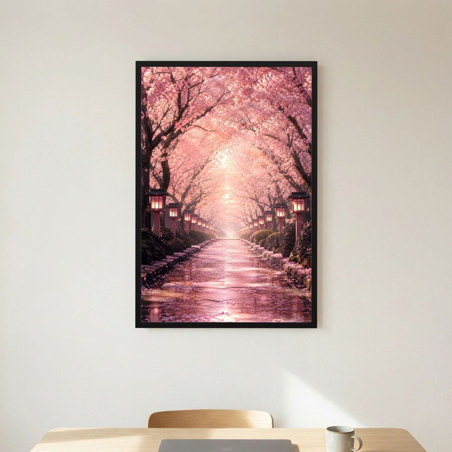 Hochformat-Wandposter mit Kirschblütenallee in Rosa, schwarzer Rahmen