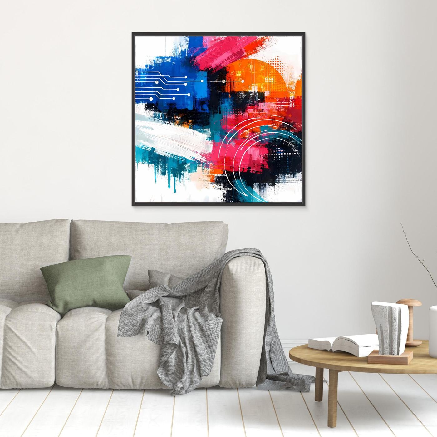 Abstract canvas wall art with blue and orange digital blocks, circuit lines, and red arc rings; black frame