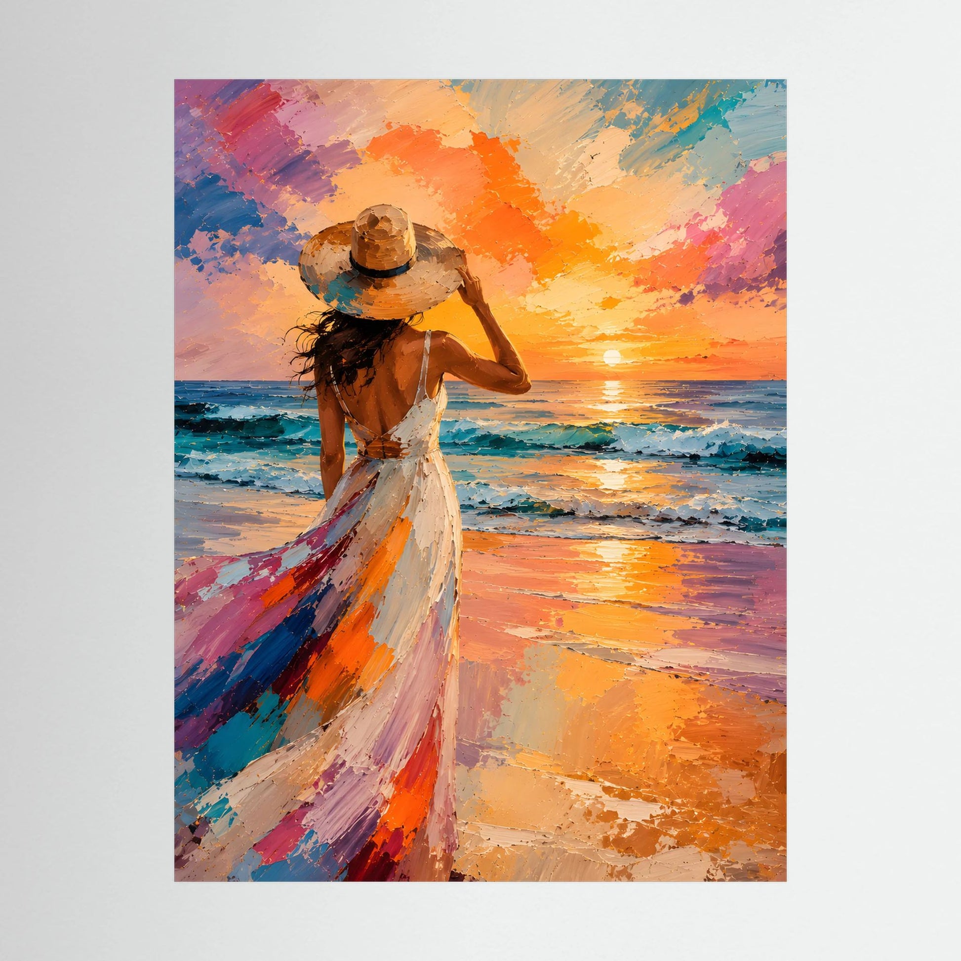 Nahansicht Hochformat-Poster mit Frau am Meer, Sonnenuntergang in bunten Farbschichten