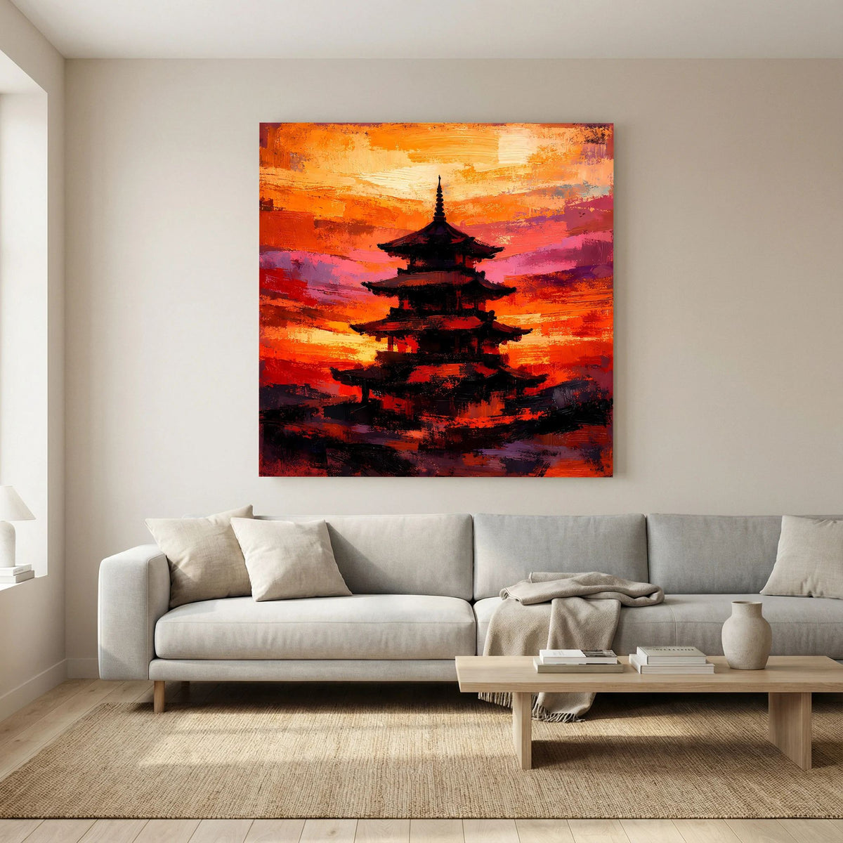 Japanisches Pagoden-Leinwandbild mit dunkler Silhouette vor orange-pinkem Farbverlauf