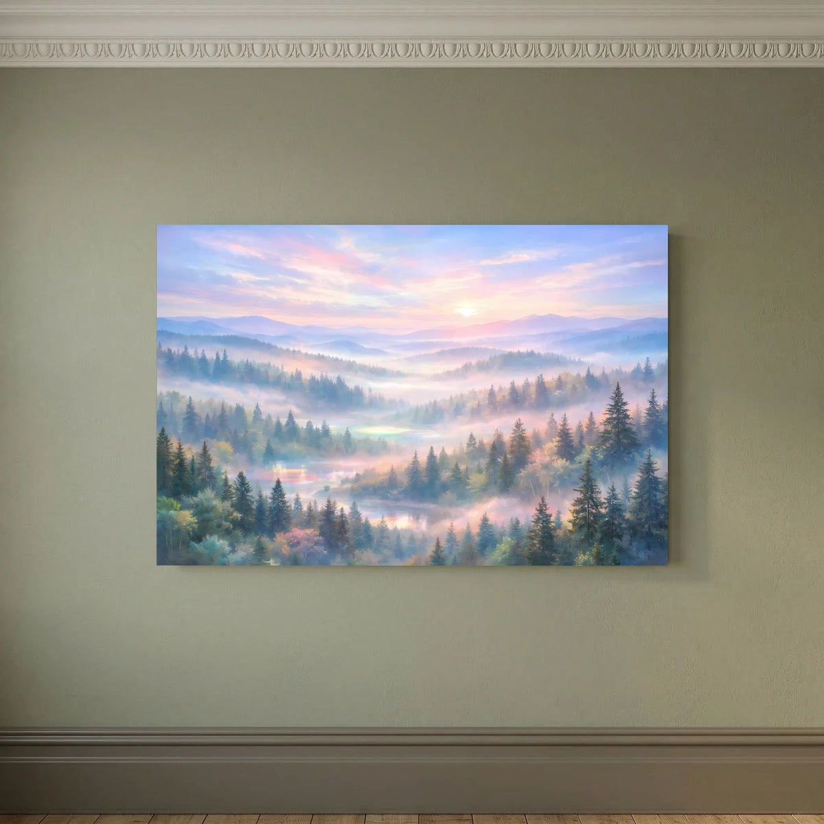 Wandposter querformat mit Waldlandschaft und Dunstschichten