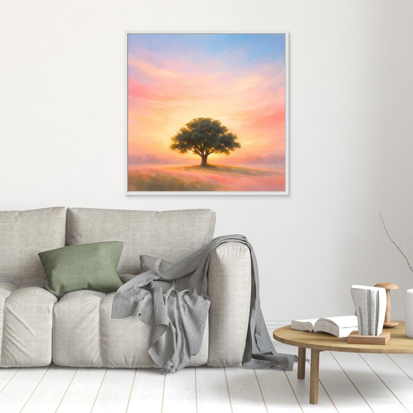 Wandbild mit weißem Rahmen: einsamer Baum bei Pastell-Sonnenaufgang