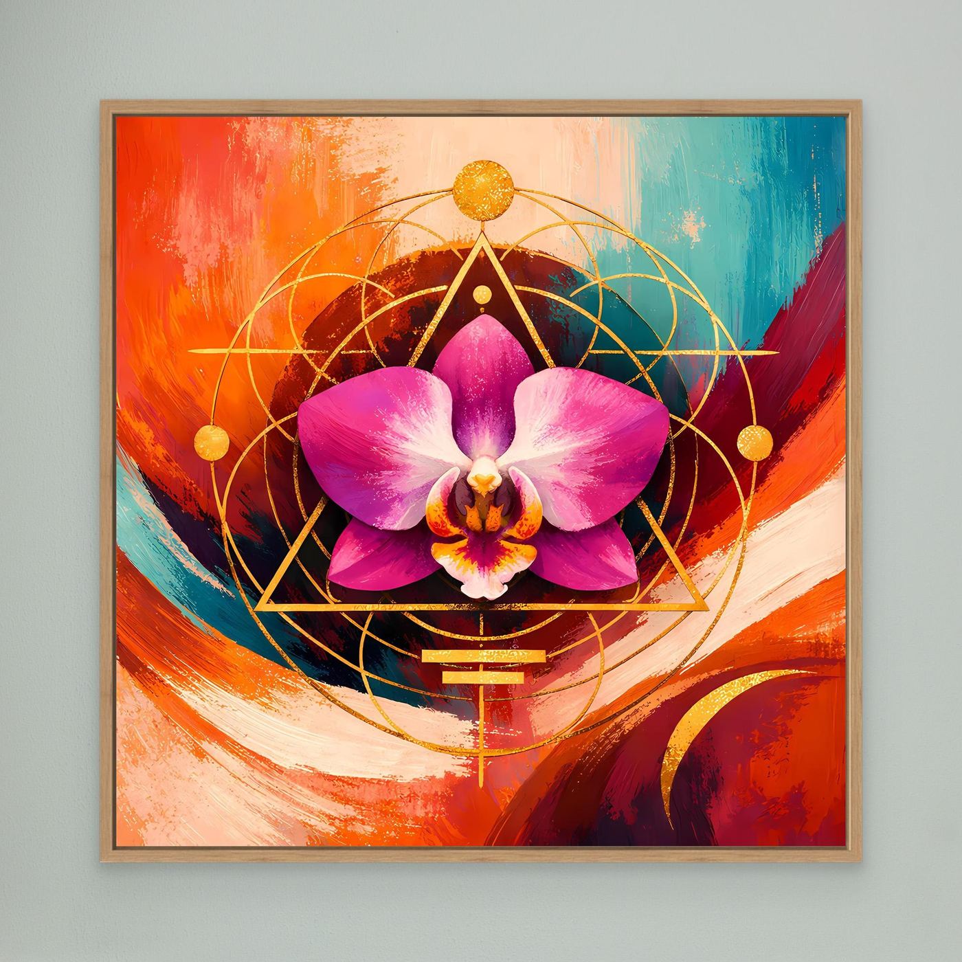 Leinwandbild mit pinker Orchidee und goldener Geometrie, mit hellem Holzrahmen