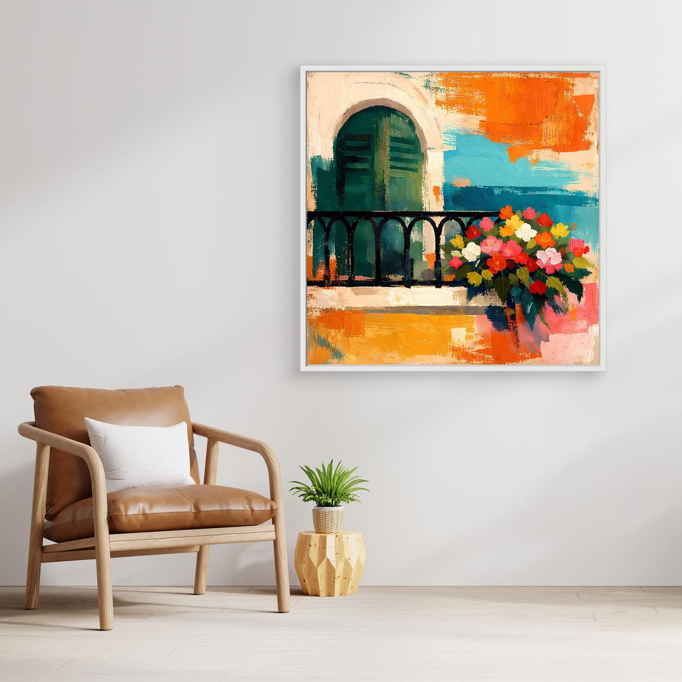 Abstract balcony wall art canvas with arched doorway and colorful flowers, framed.