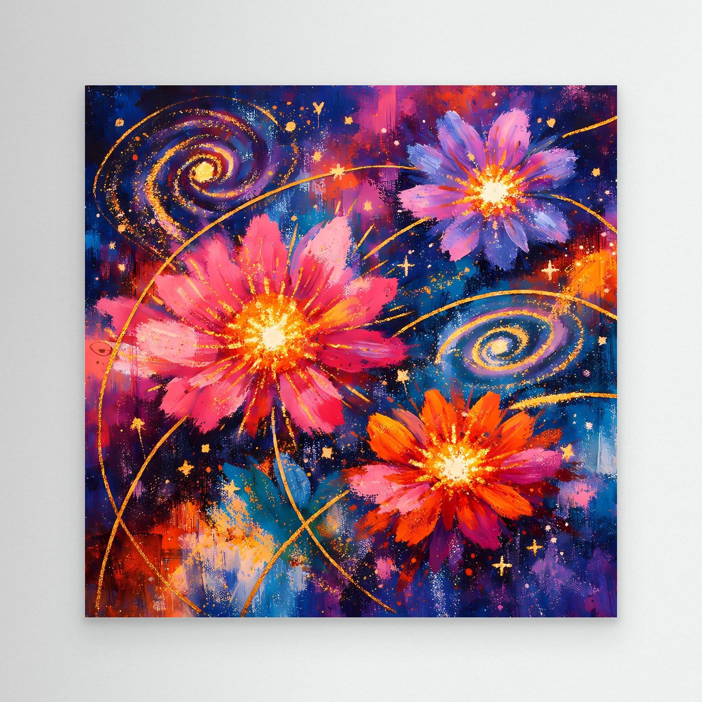 Leinwand-Wandbild mit abstrakten kosmischen Blüten in Pink, Orange und Blau, ohne Rahmen