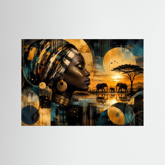 Poster im Querformat mit Porträt einer afrikanischen Frau, Elefanten und Sonnenuntergang