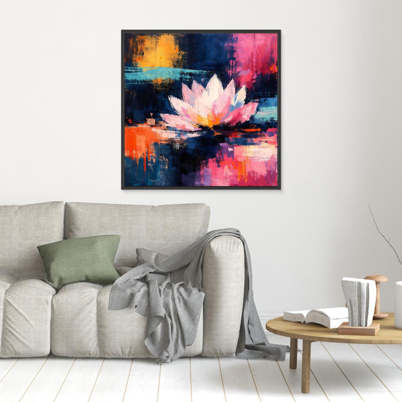 Kleines abstraktes Lotus-Leinwandbild mit leuchtender Blüte, orange-blau-pink, schwarzer Rahmen