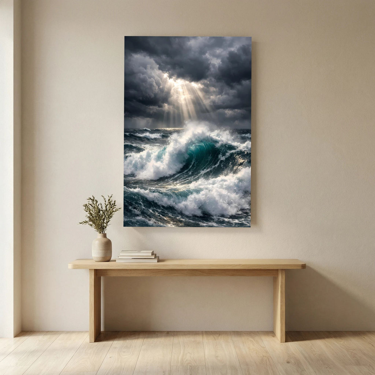 Wandbild im Hochformat mit Meeresschaum, kräftiger Welle und Lichtdurchbruch im Sturm