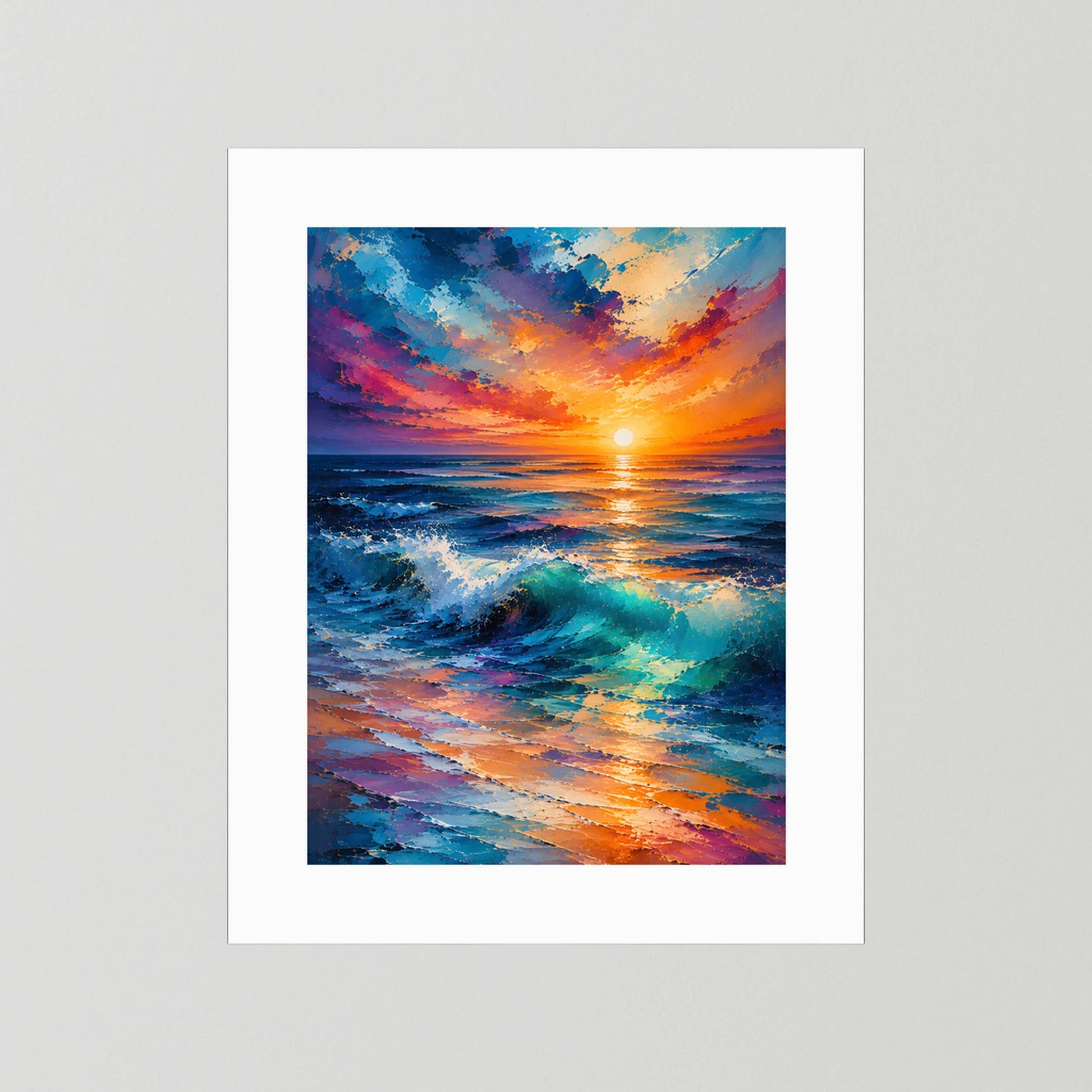 Hochformat-Poster Sonnenuntergang am Meer, bunte Wellen in Blau und Orange, mit weißem Rand